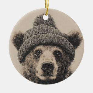 Cozier Bär in Beanie - Süßes Wintertier  Keramik Ornament
