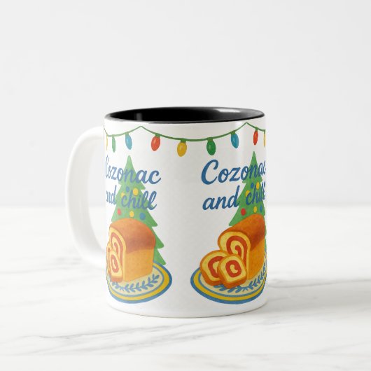 Cozonac and Chill Romanian Holiday Zweifarbige Tasse (Vorderseite Links)