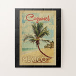 Cozumel Palm Tree Vintage Travel Puzzle<br><div class="desc">Ein einzigartig Retro Mitte des Jahrhunderts modernen Cozumel Mexico Kunstdruck im Vintage Reise Poster Stil. Es verfügt über eine geschwungene Palme am Sandstrand mit Ozean unter einem blauen bewölkten Himmel.</div>