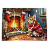 Cozy Abyssinian Cat by Fireplace Christmas Lights Große Geschenktüte (Vorderseite)
