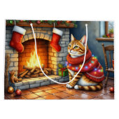 Cozy Abyssinian Cat by Fireplace Christmas Lights Große Geschenktüte (Rückseite)