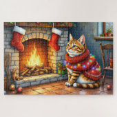 Cozy Abyssinian Cat by Fireplace Christmas Lights Puzzle (Horizontal)