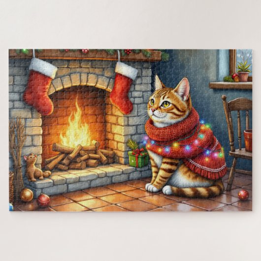 Cozy Abyssinian Cat by Fireplace Christmas Lights Puzzle (Horizontal)