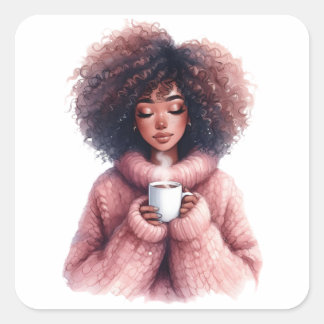 Cozy Afro Girl – Watercolor Winter Aufkleber