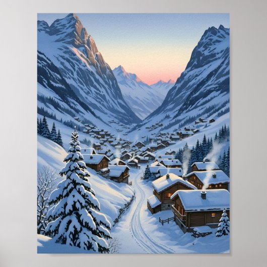 Cozy Alpine Village Dawn Snowy Mountain Valley Poster (Vorne)
