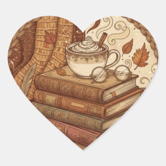 Cozy Autumn Books and Coffee Illustration Herz-Aufkleber (Vorderseite)