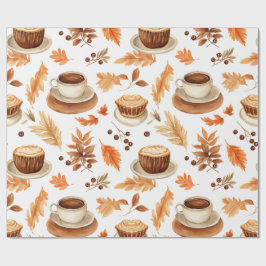 Cozy Autumn Coffee Cups and Leaves in Warm Earthy  Geschenkpapier