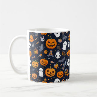 Cozy Black Background Ghost & Pumpkin All-Over Pat Kaffeetasse