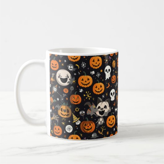 Cozy Black Background Ghost & Pumpkin All-Over Pat Kaffeetasse (Links)