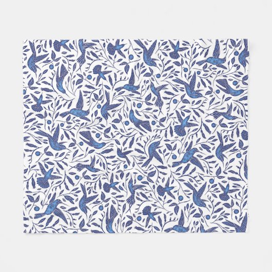 Cozy blaues Vogel-u. Blätter-Muster Delfts Fleecedecke (Vorderseite (Horizontal))