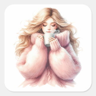 Cozy Blonde Girl – Watercolor Winter Sticker