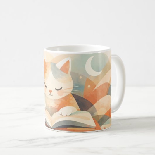 Cozy Bookish Cat Abstract Coffee Mug – Soft Pastel Kaffeetasse (VorderseiteRechts)