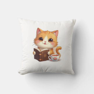 Cozy Bookish Cat Throw Pillow – Cute Tea & Reading Kissen