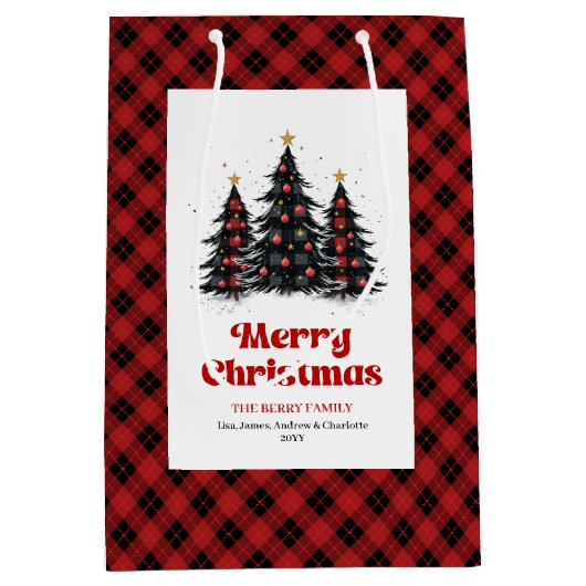 Cozy buffalo plaid Christmas bag with custom name Mittlere Geschenktüte (Vorderseite)