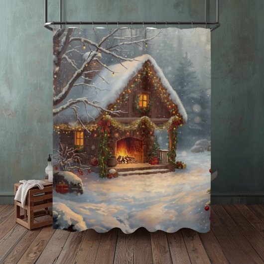 Cozy Cabin Fireplace Christmas Shower Curtain Duschvorhang
