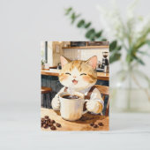 Cozy Cat Barista Watercolor Art Postkarte (Stehend Vorderseite)