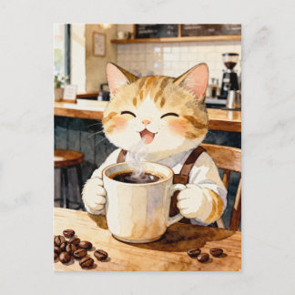 Cozy Cat Barista Watercolor Art Postkarte