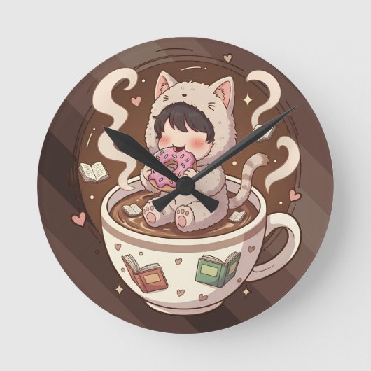 Cozy Cat Coffee Adventure Art Runde Wanduhr (Vorderseite)