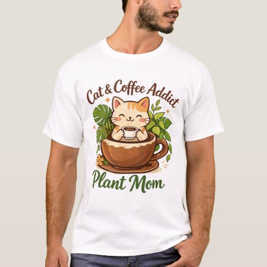 Cozy Cat Coffee and Plants Artwork T-Shirt (Vorderseite)