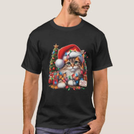Cozy Cat in Christmas Lights, Santa Hat  T-Shirt