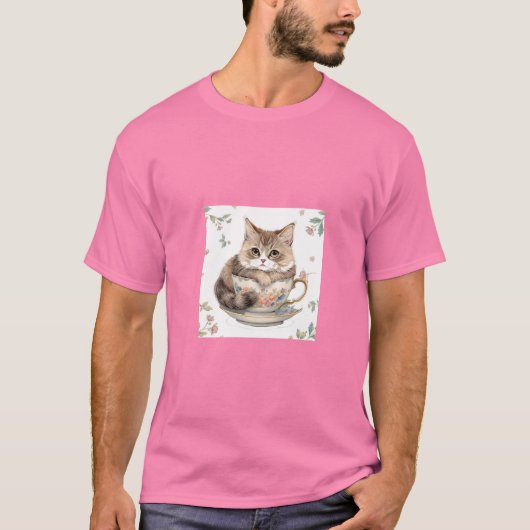 Cozy Cat in Teacup Illustration T-Shirt (Vorderseite)