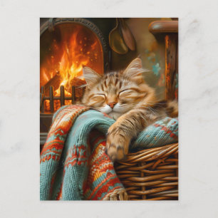 Cozy Cat Sleeping in Basket by Warm Fireplace Postkarte