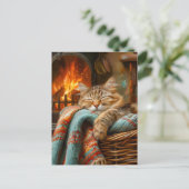 Cozy Cat Sleeping in Basket by Warm Fireplace Postkarte (Stehend Vorderseite)