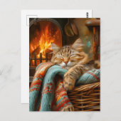 Cozy Cat Sleeping in Basket by Warm Fireplace Postkarte (Vorne/Hinten)