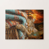 Cozy Cat Sleeping in Basket by Warm Fireplace Puzzle (Horizontal)