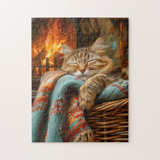 Cozy Cat Sleeping in Basket by Warm Fireplace Puzzle (Vertikal)