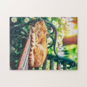 Cozy Cat Sleeping in Garden on Bench Puzzle (Horizontal)