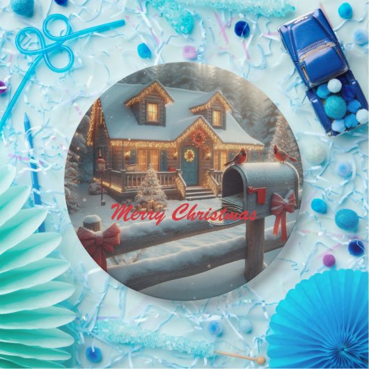 Cozy Christmas Cabin Winter Wonderland Pappteller (Party)