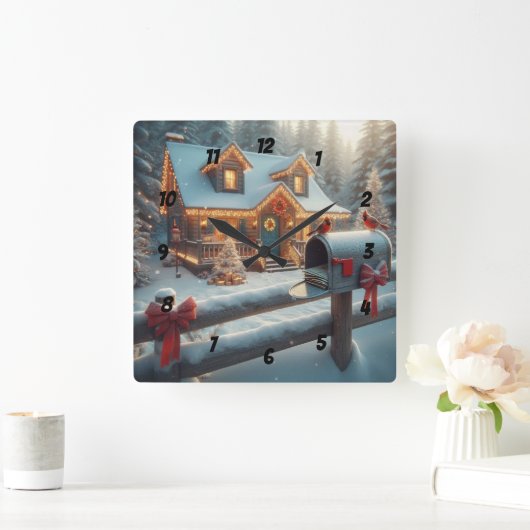 Cozy Christmas Cabin Winter Wonderland Quadratische Wanduhr (Zuhause)