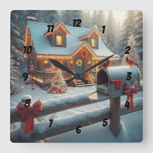 Cozy Christmas Cabin Winter Wonderland Quadratische Wanduhr (Vorderseite)