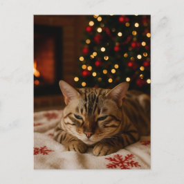 Cozy Christmas Cat Postcard Bengal Cat Fireplace Postkarte