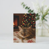 Cozy Christmas Cat Postcard Bengal Cat Fireplace Postkarte (Stehend Vorderseite)