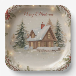  Cozy Christmas Cottage Paper Plate Pappteller