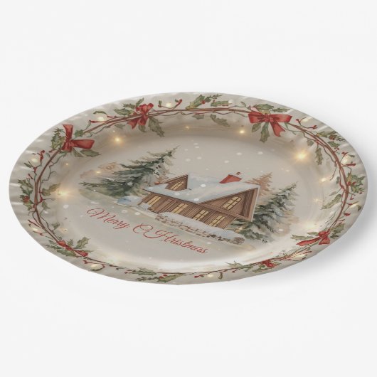 Cozy Christmas Cottage Paper Plate Pappteller (Schrägansicht)