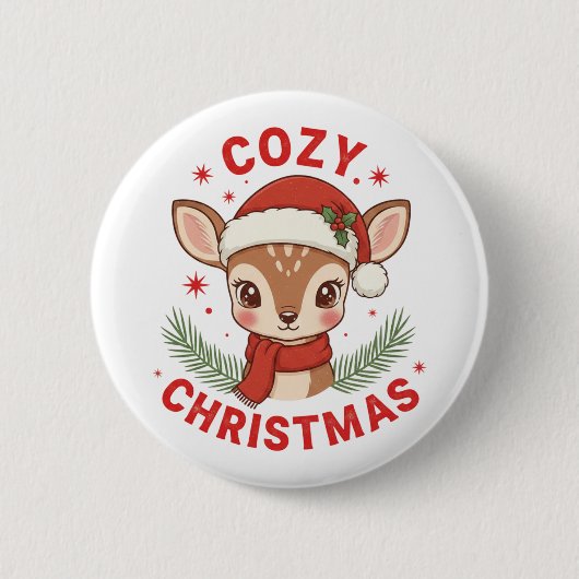 Cozy Christmas Cute Deer with Santa Hat Button (Vorderseite)