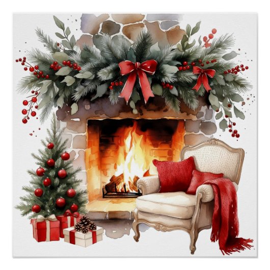 Cozy Christmas Fireplace Watercolor Art Print Poster (Vorderseite)
