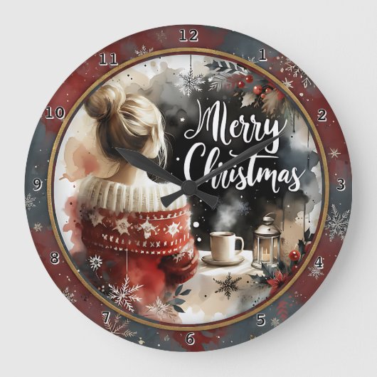 Cozy Christmas Girl Sweater Große Wanduhr (Vorderseite)