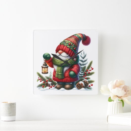 Cozy Christmas Gnome Art – Festive Holiday Quadratische Wanduhr (Zuhause)