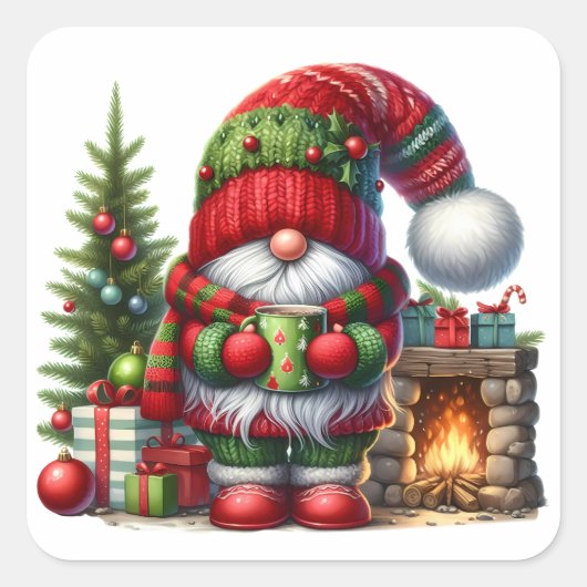 Cozy Christmas Gnome Art – Festive Holiday Quadratischer Aufkleber (Vorderseite)