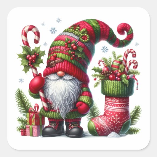 Cozy Christmas Gnome Art – Festive Holiday Quadratischer Aufkleber (Vorderseite)