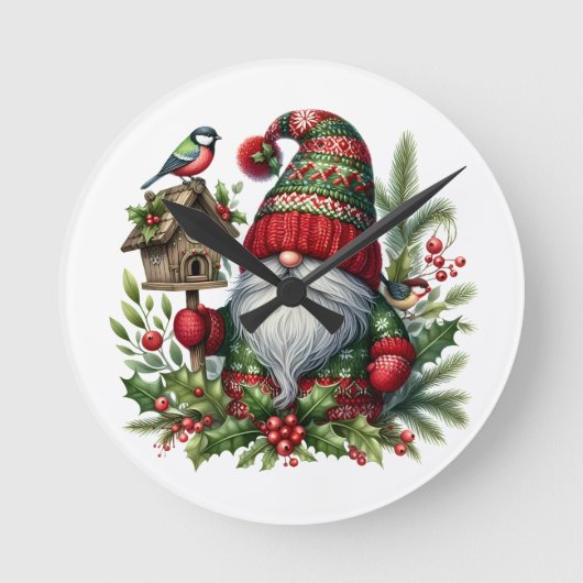 Cozy Christmas Gnome Art – Festive Holiday Runde Wanduhr (Vorderseite)