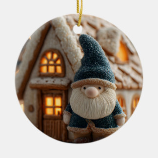 Cozy Christmas Gnome with Gingerbread House Keramik Ornament