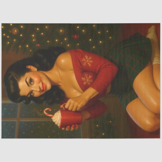 Cozy Christmas Pin-Up with Hot Cocoa — Retro Seidenpapier (Vorderseite)