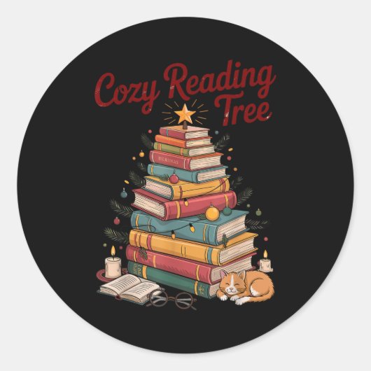 Cozy Christmas Reading Tree Cat Candle Stack Booki Runder Aufkleber (Vorderseite)