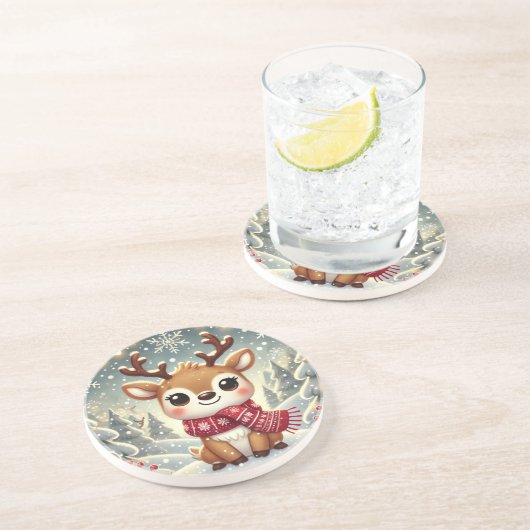 Cozy Christmas Reindeer in a Winter Wonderland Getränkeuntersetzer (Seite)