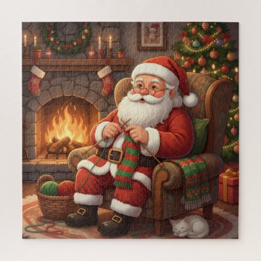 Cozy Christmas Santa Knitting by the Fireplace Puzzle (Vertikal)